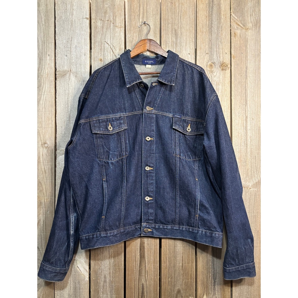 Vintage Guess Jeans Denim Trucker Jacket Mens 3XL Dark Indigo Blue 90s Coat